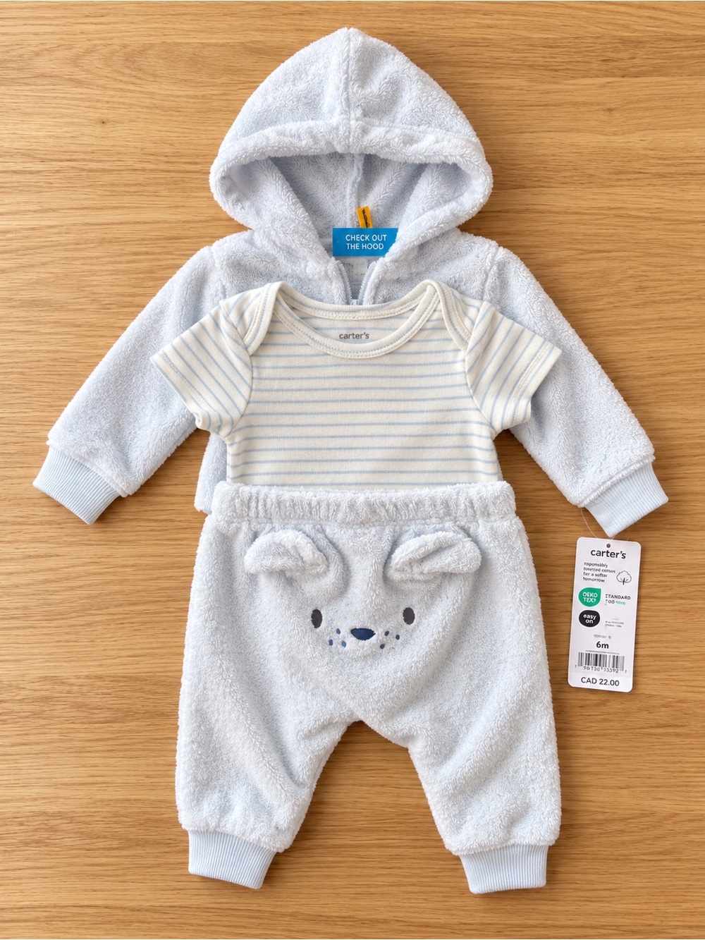 2/$10 Carter's Baby Blue Hooded Three-Piece Set with Striped Bodysuit 6M